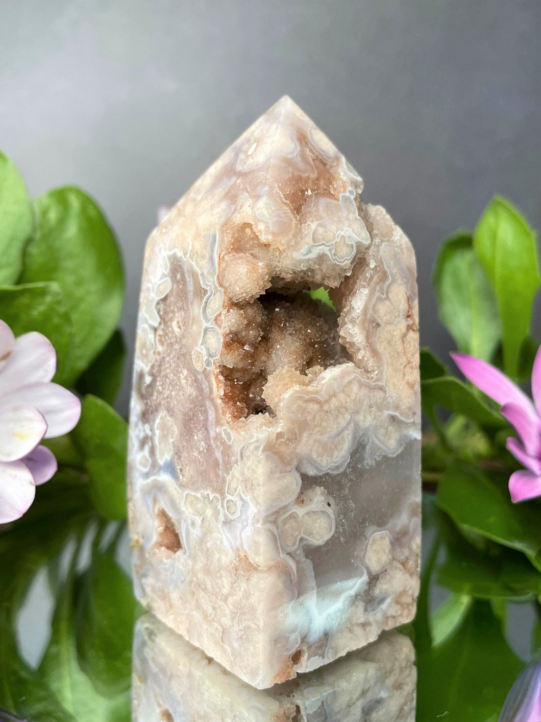 Tranquil Pink Amethyst With Flower Agate Crystal Geode Tower