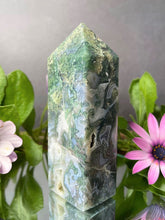 Load image into Gallery viewer, Prosperity Moss Agate Crystal Tower Point
