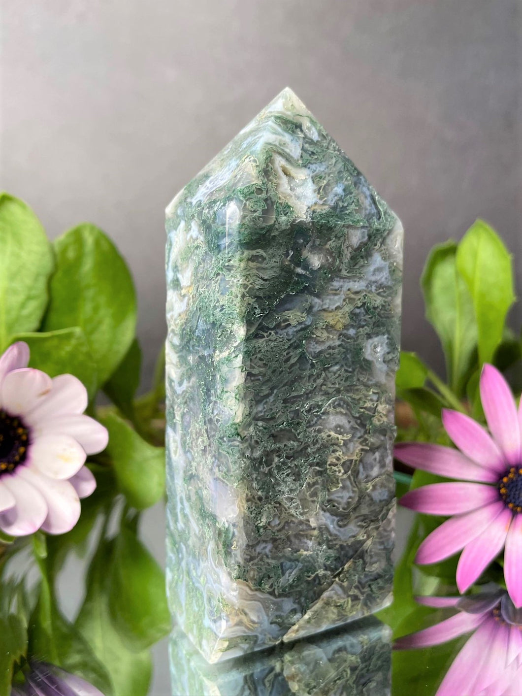 High Quality Moss Agate Crystal Tower Point