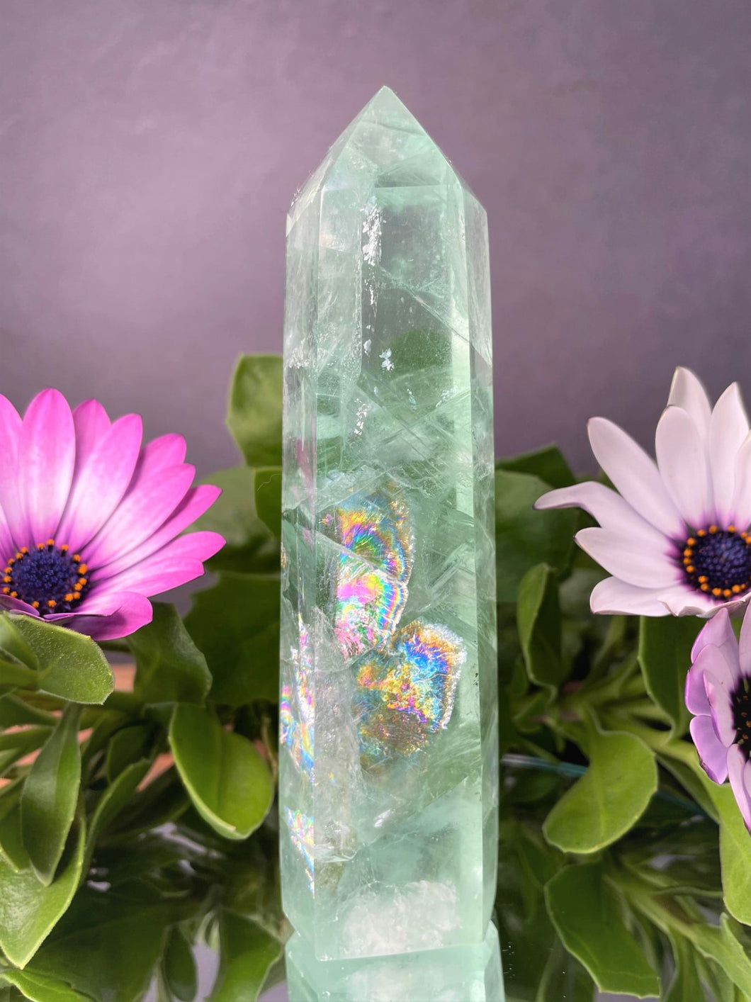 Natural Green Fluorite Crystal Tower With Rainbow