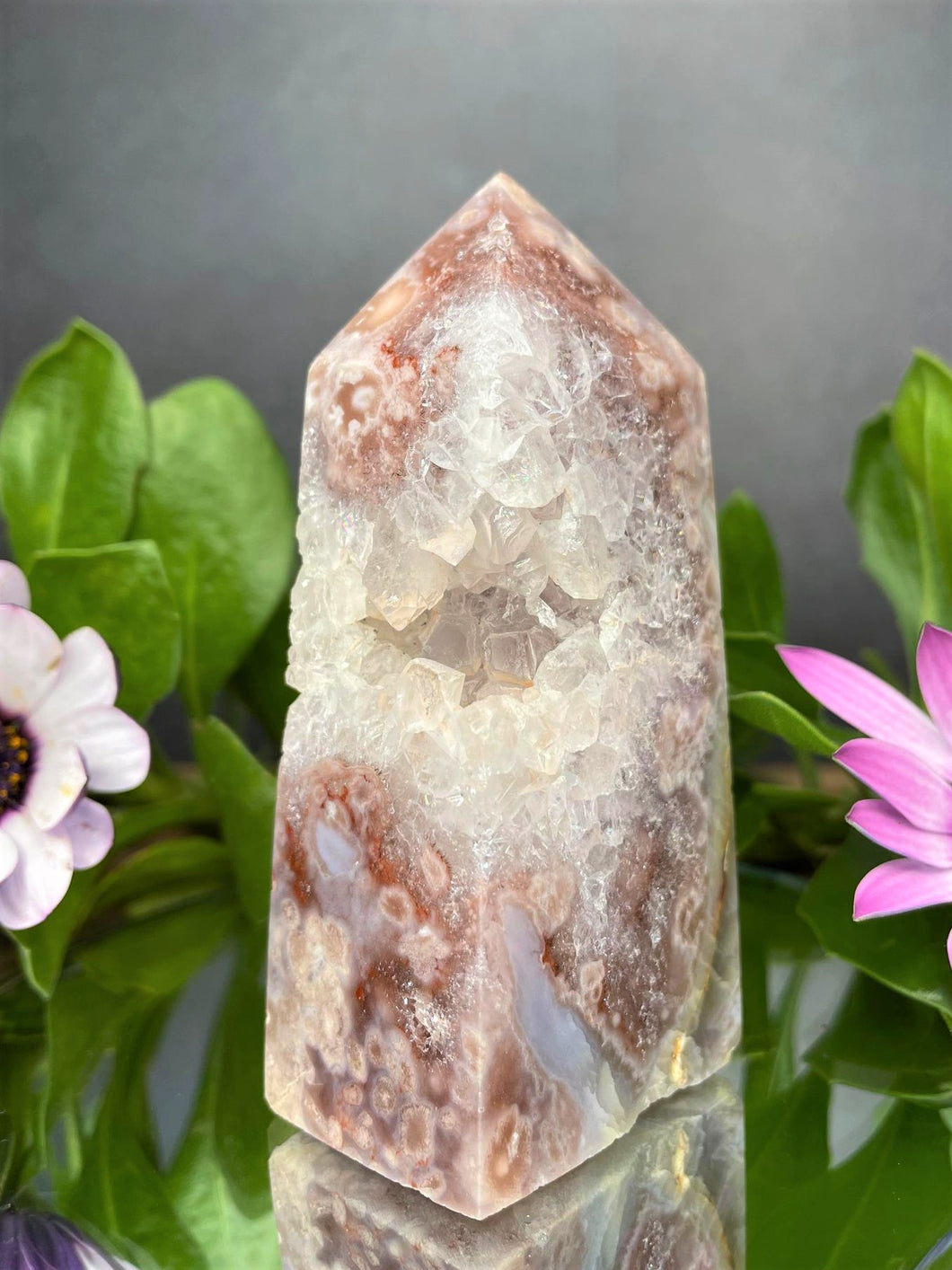 Calming Pink Amethyst With Flower Agate Crystal Geode Tower