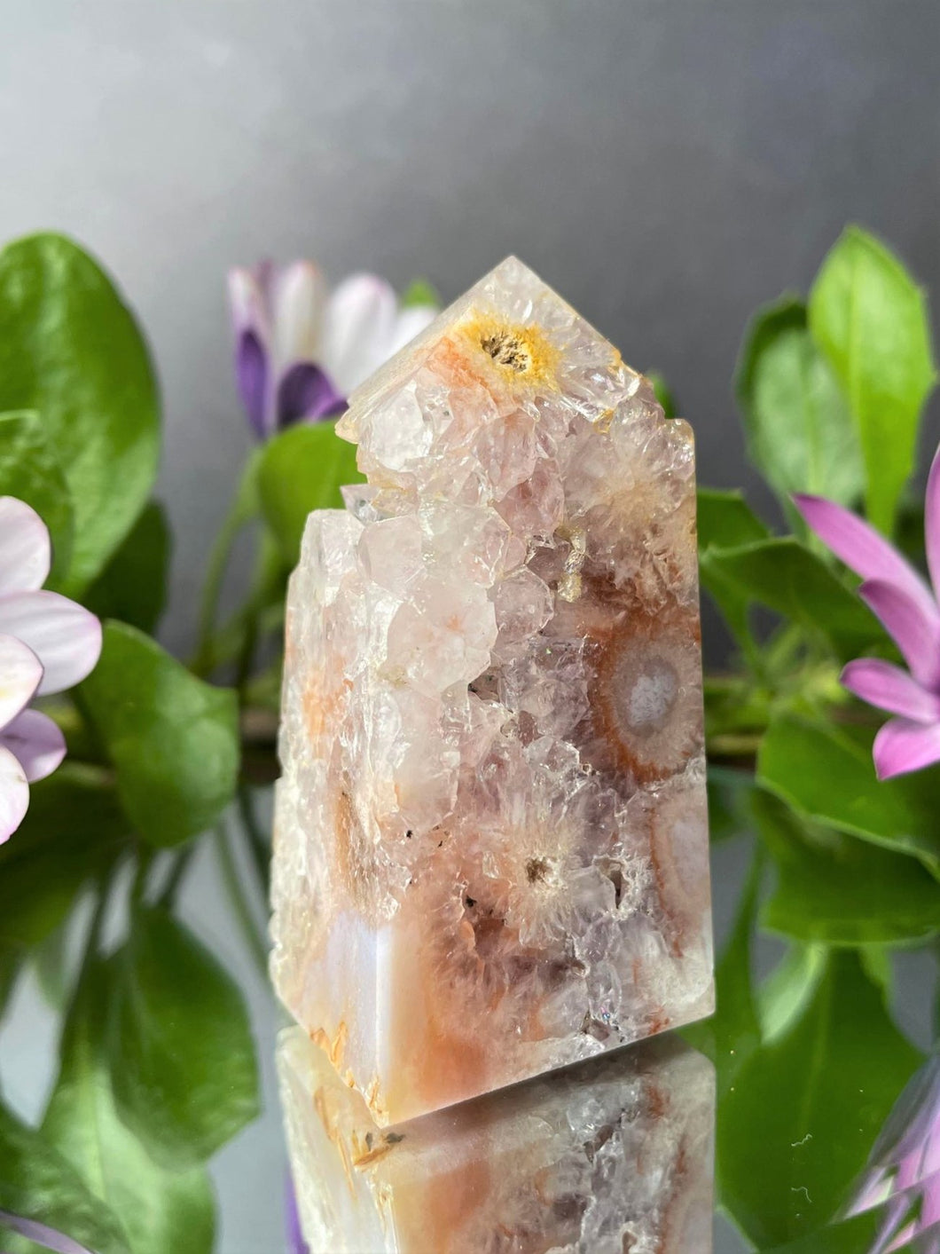 Chakra Healing Pink Amethyst With Flower Agate Crystal Tower