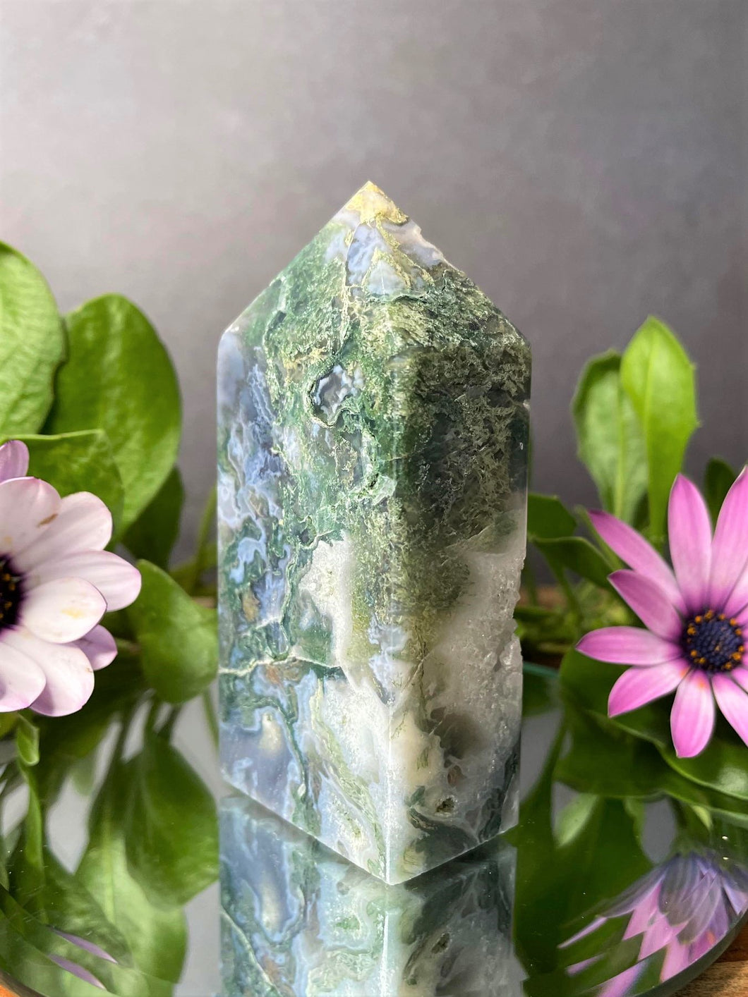 Chakra Healing Moss Agate Crystal Tower Point