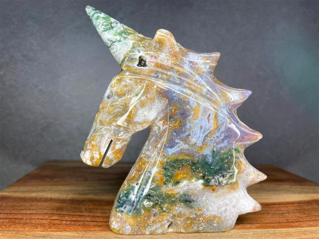 Stunning Colorful Moss Agate Crystal Unicorn Carving