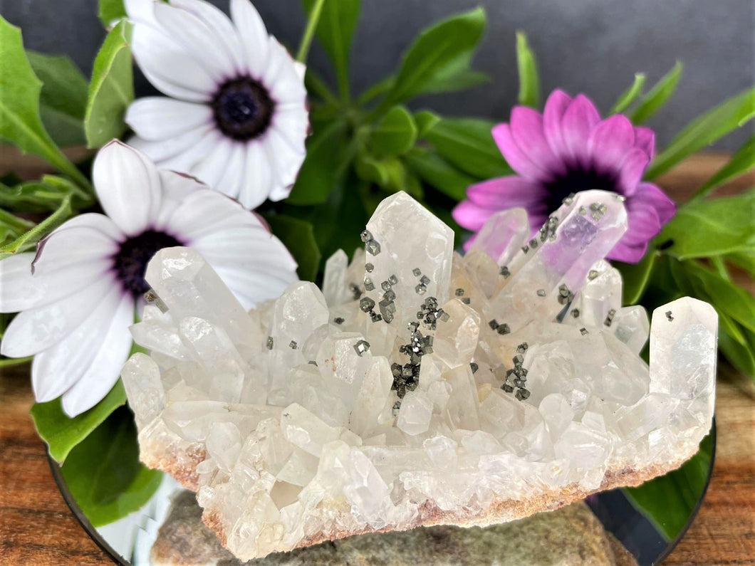 Stunning Clear Quartz Crystal Cluster With Pyrite Inclusions