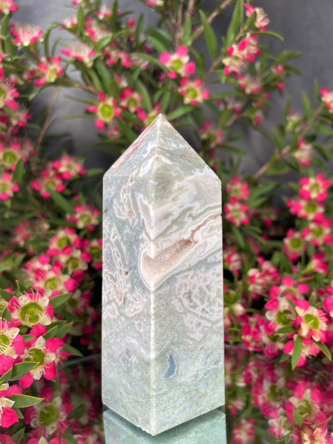 Relax Unwind Pink Moss Agate Crystal Tower