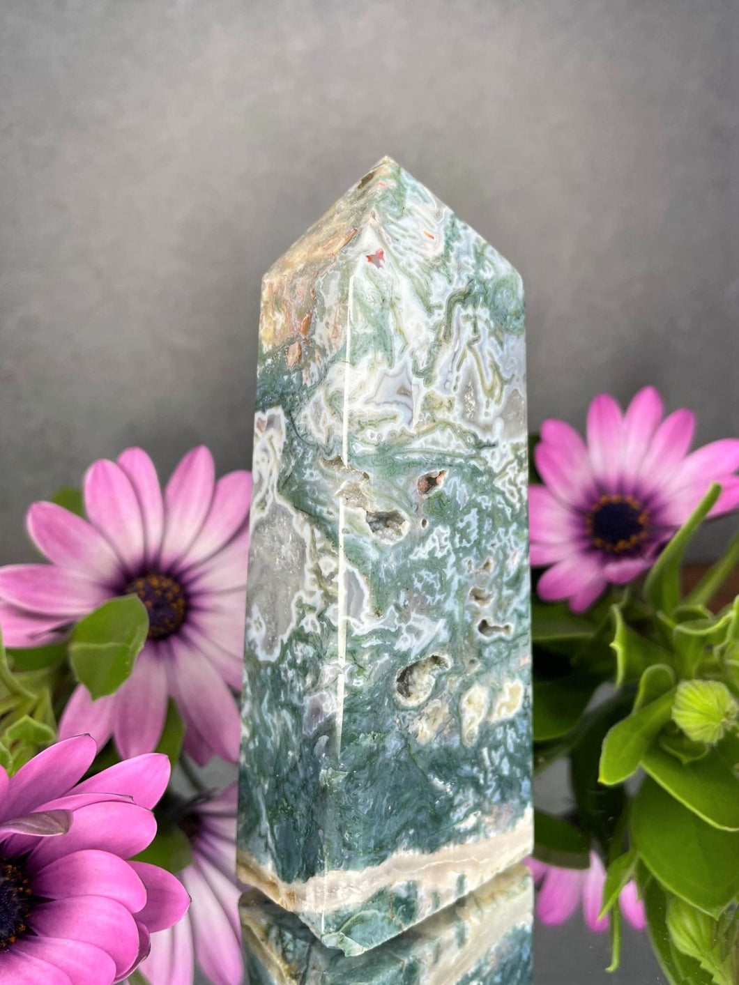 Natural Moss Agate Crystal Tower Point