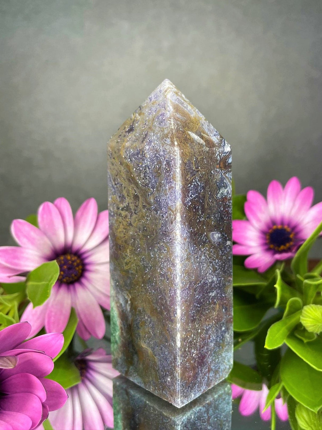 Unique Purple Moss Agate Crystal Tower