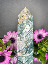 Load image into Gallery viewer, Moss Agate Crystal Tower With Raw Pocket Geodes
