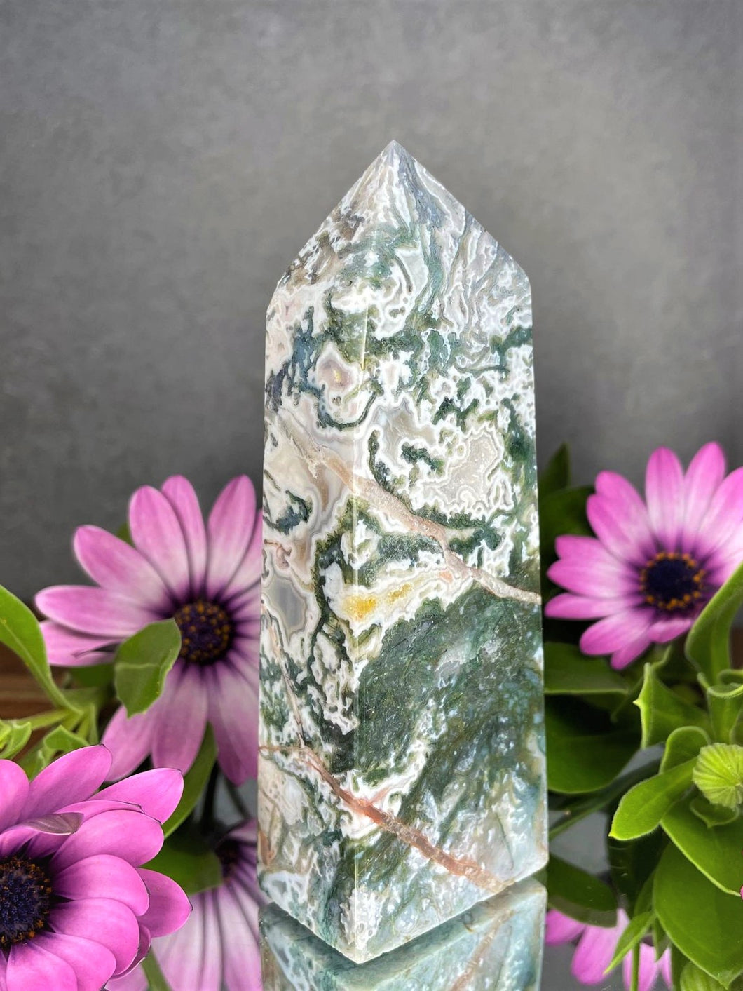 Natural Pink Moss Agate Crystal Tower Point