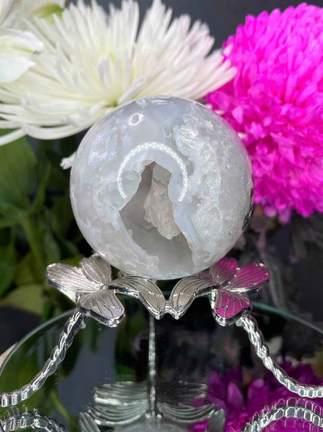 White Agate With Raw Druzy Crystal Sphere Ball