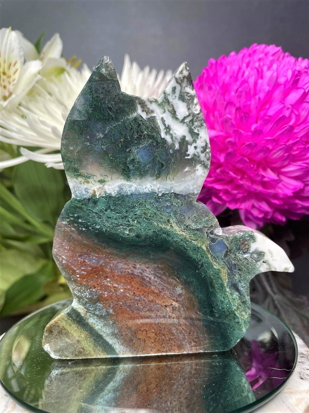 Colourful Moss Agate Crystal Cat Carving