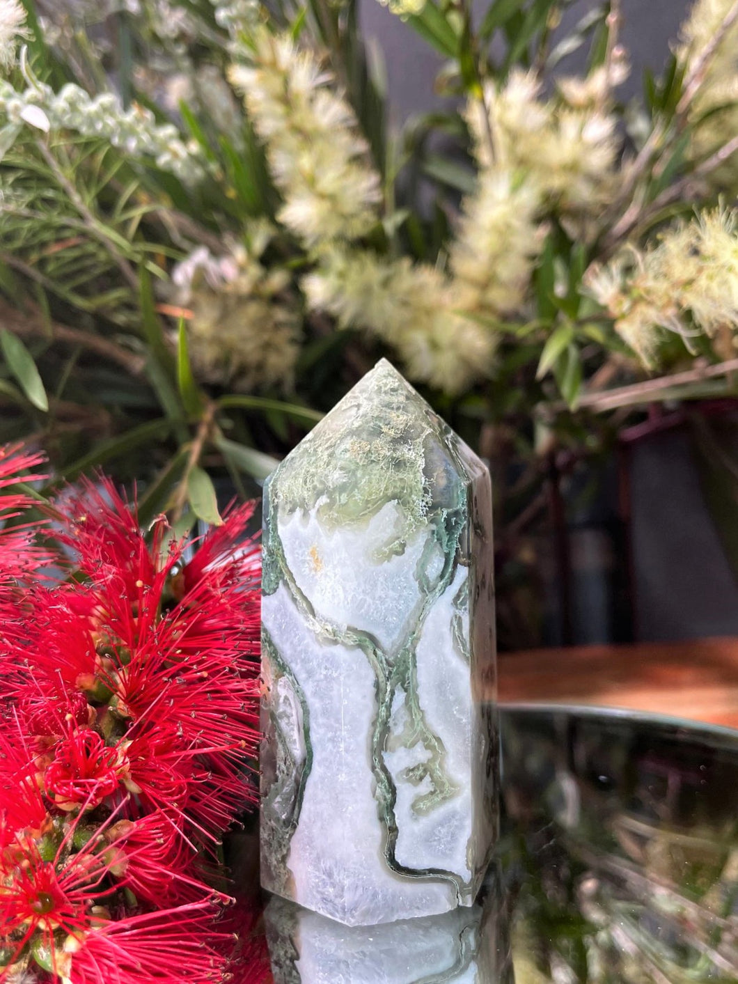Soothing Moss Agate Crystal Tower Point