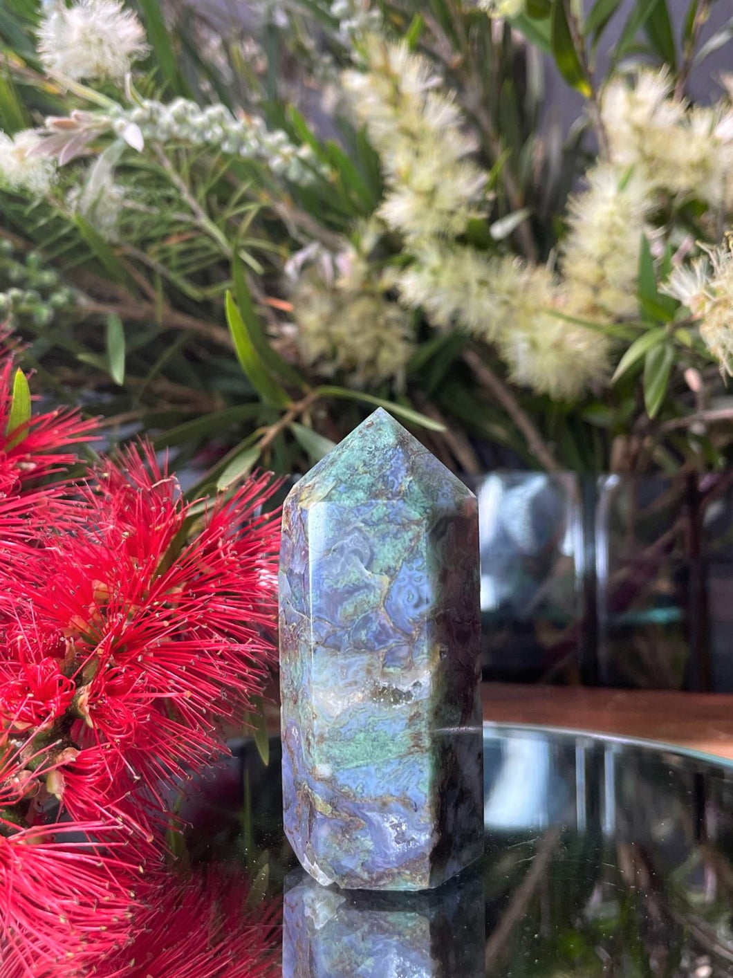 Growth Moss Agate Crystal Tower Point