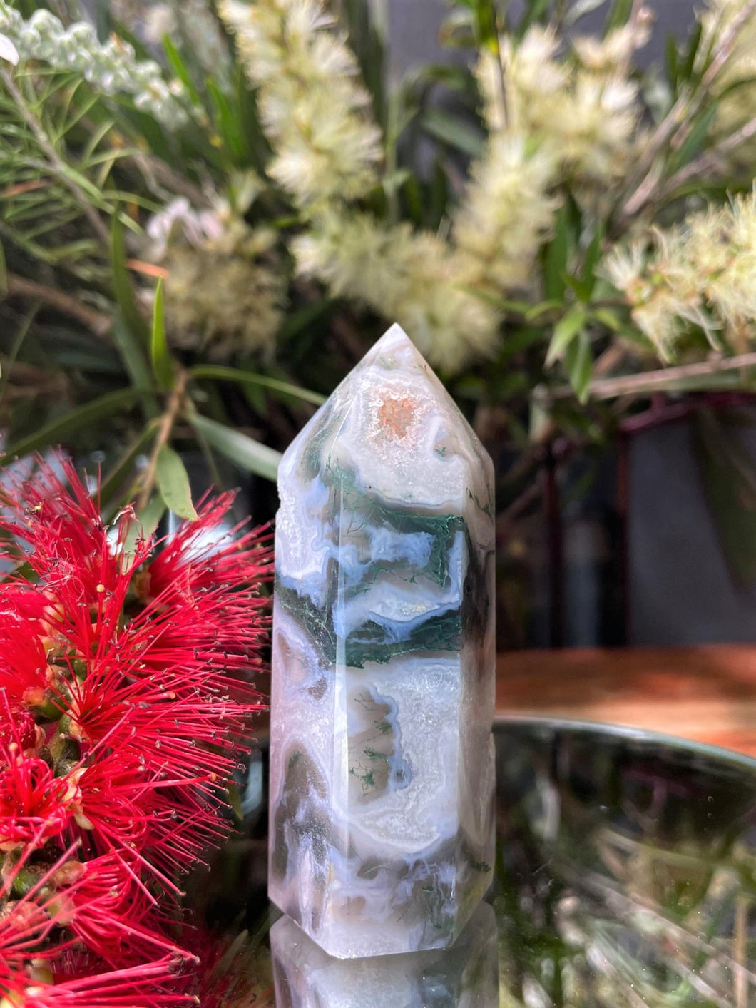 Grounding Moss Agate Crystal Tower Point