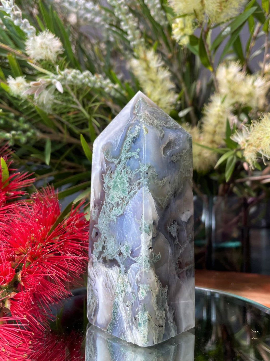 Magnificent Moss Agate Crystal Tower Point