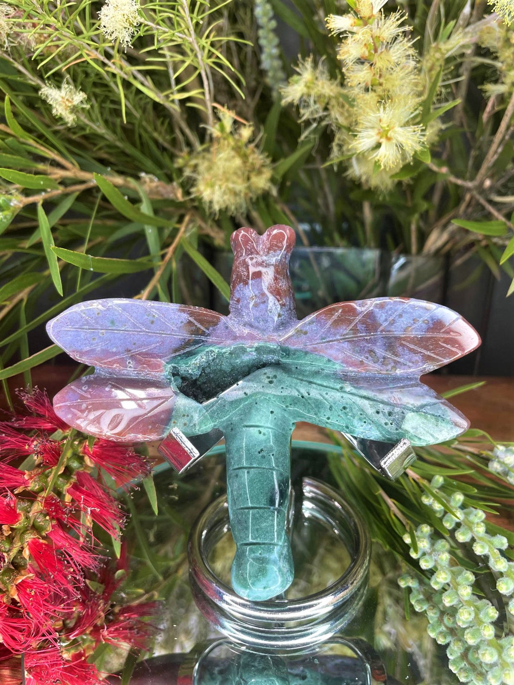 Ocean Jasper Dragonfly Carving With Enchanting Green Druzy