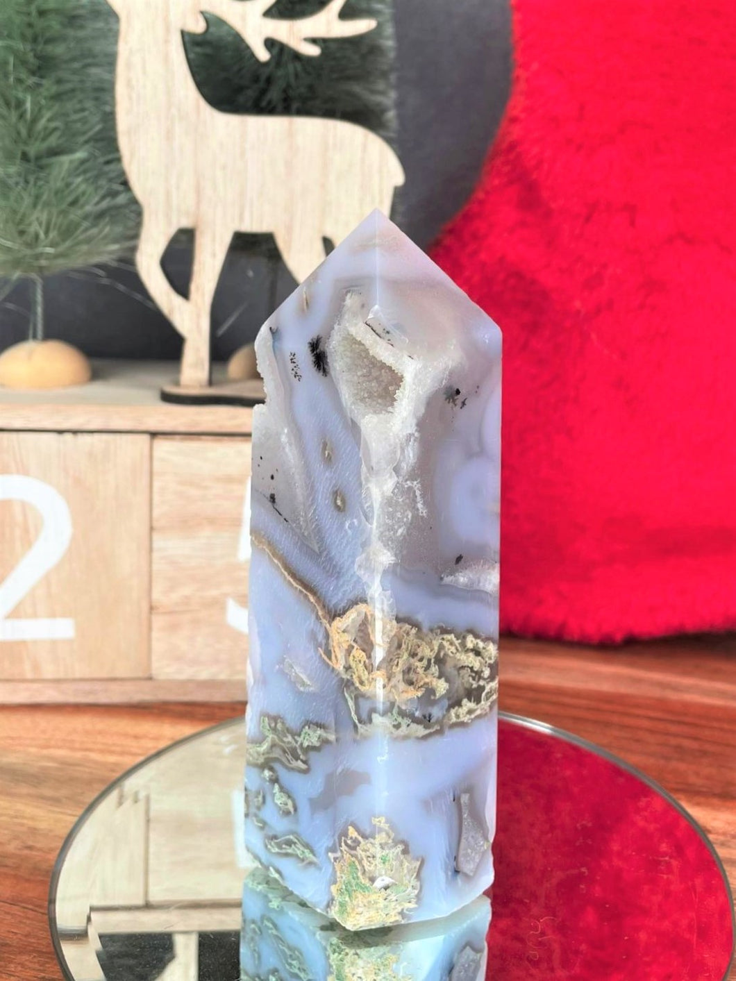 Discounted Blue Moss Agate Quartz Crystal Tower Point