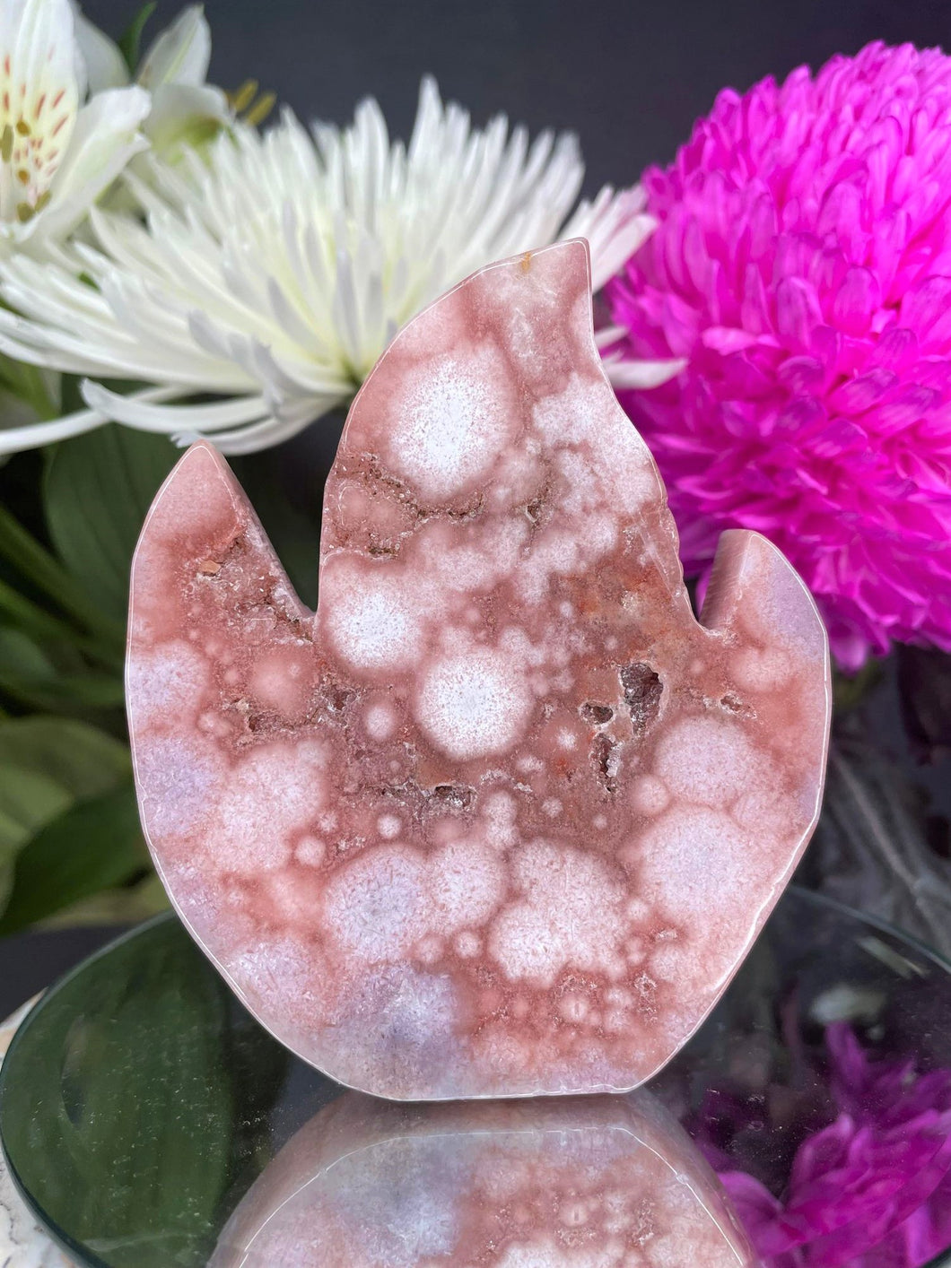 Pink Amethyst Flower Agate Crystal Flame Shaped Carving