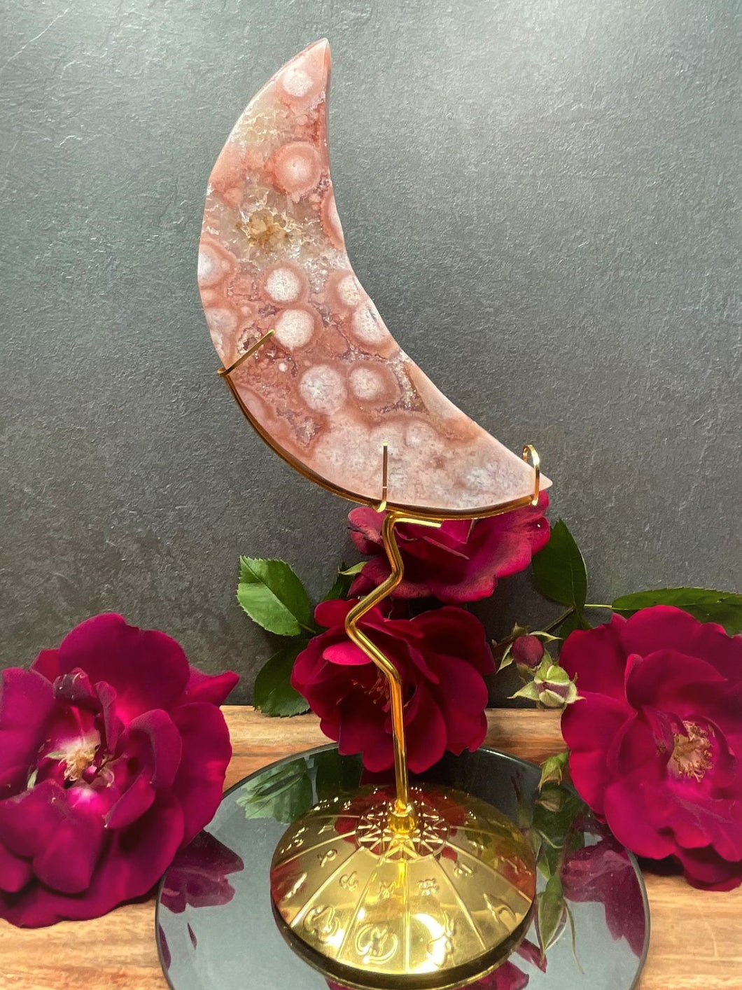 Pink Amethyst Flower Agate Crystal Crescent Moon Carving