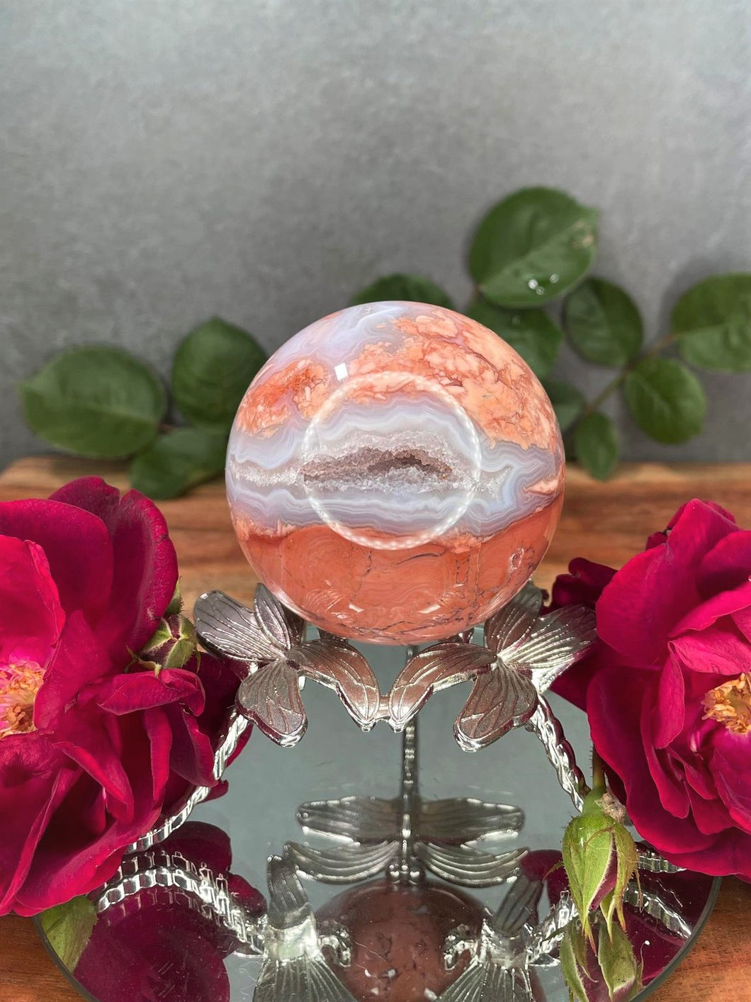 High Quality Pink Agate Crystal Sphere With Druzy