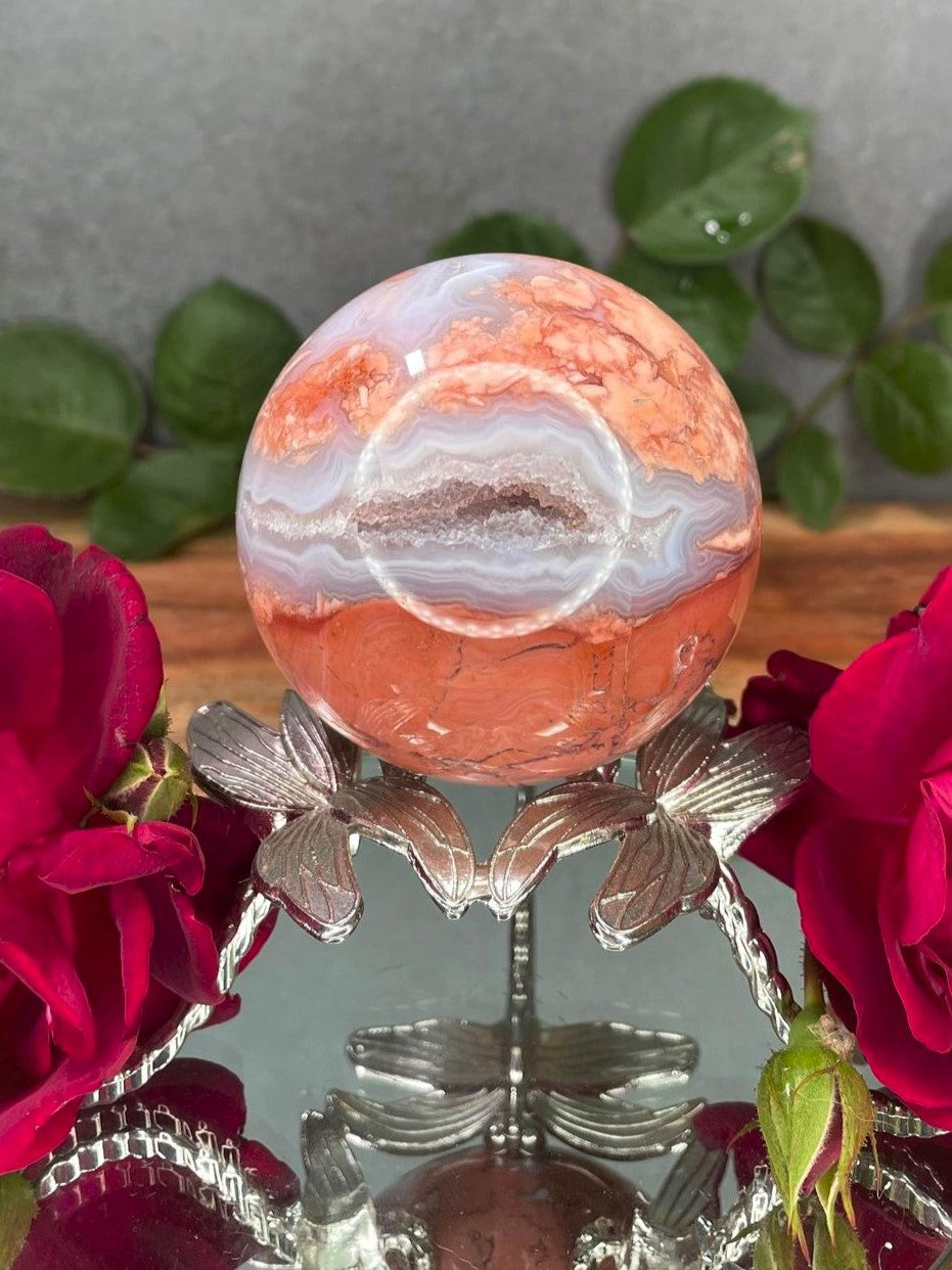 High Quality Pink Agate Crystal Sphere With Druzy