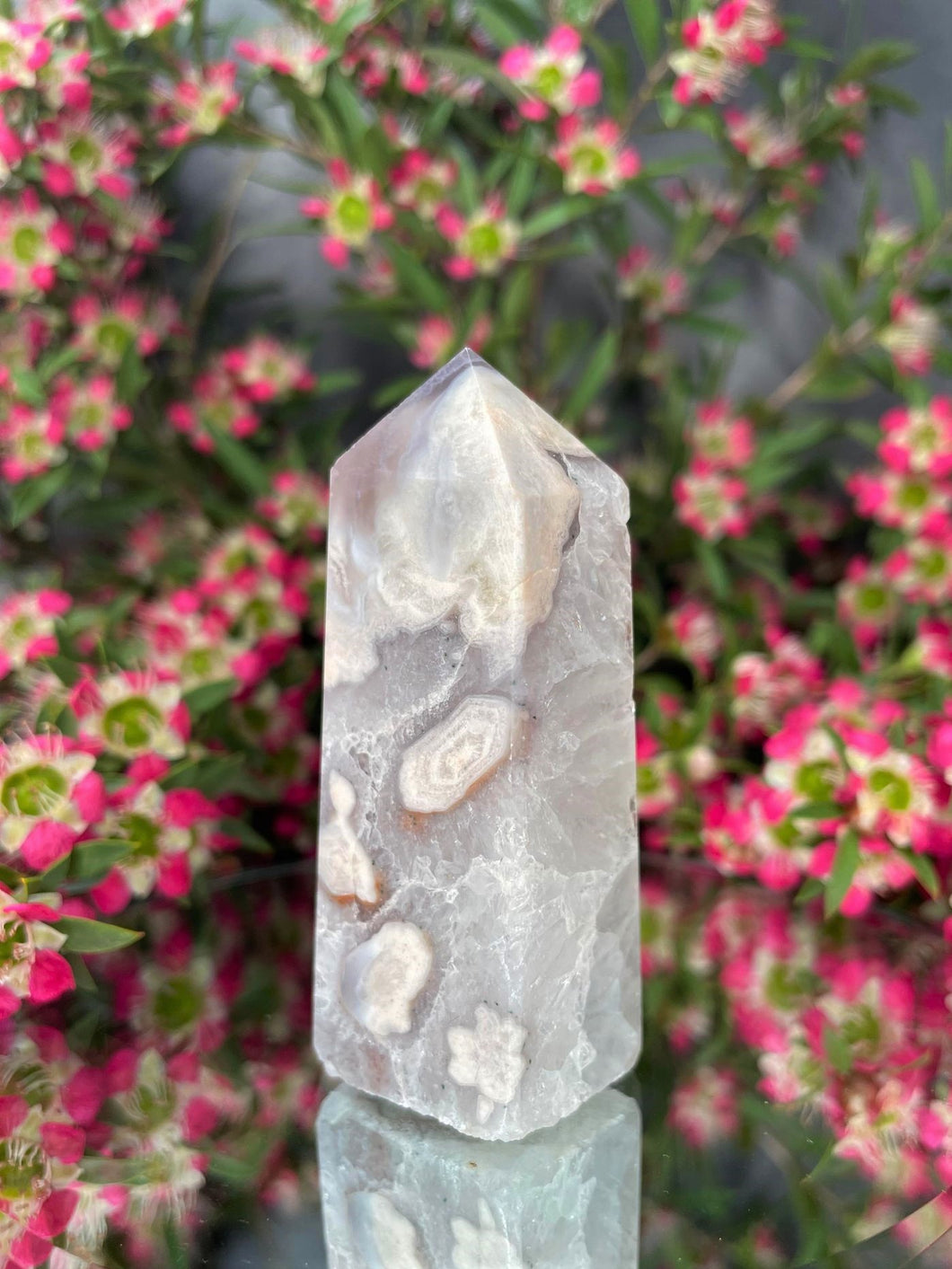 Green Quartz Flower Agate Crystal Tower Point