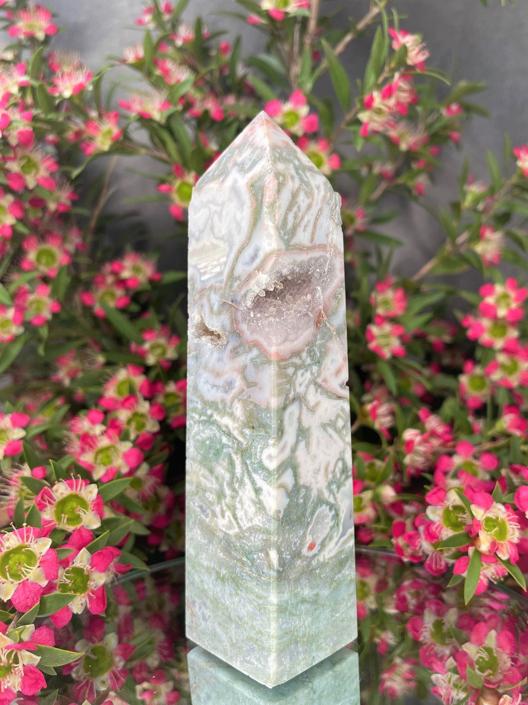 Calming Pink Moss Agate Crystal Tower