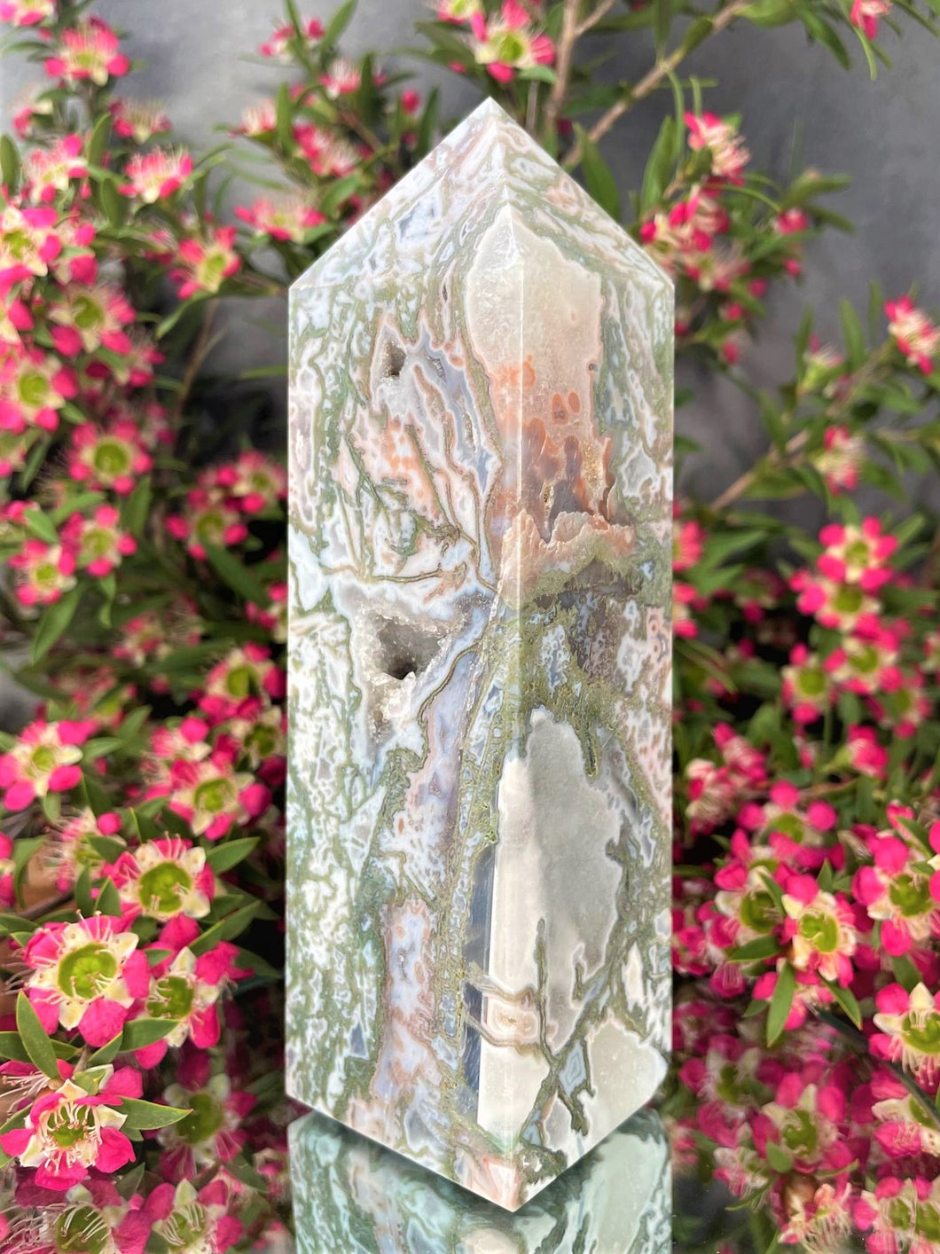 Stunning Pink Moss Agate Crystal Point Tower