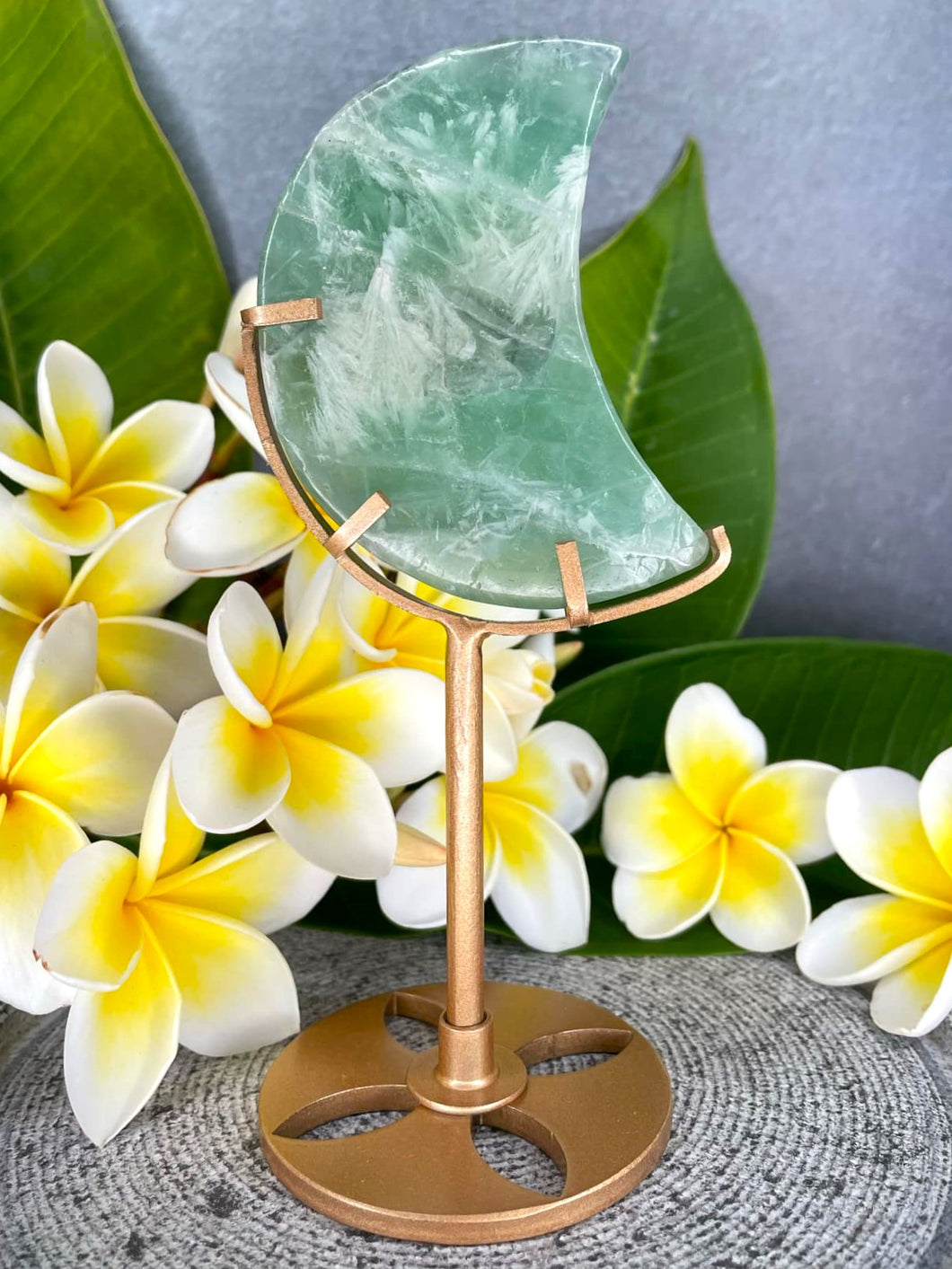 Green Snowflake Fluorite Crescent Moon On Gold Metal Stand