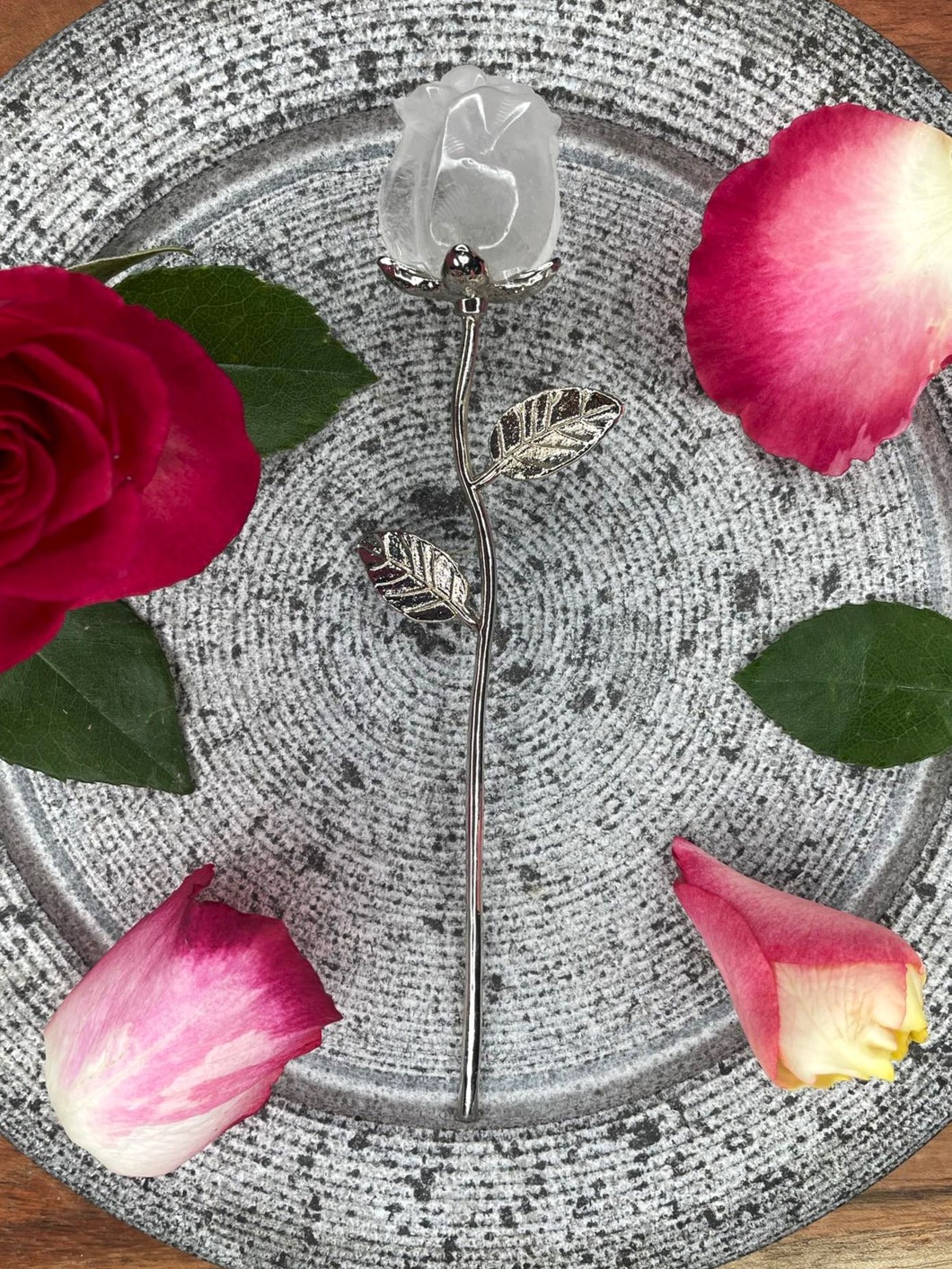 Clear Quartz Rose Crystal Carving With Silver Stem