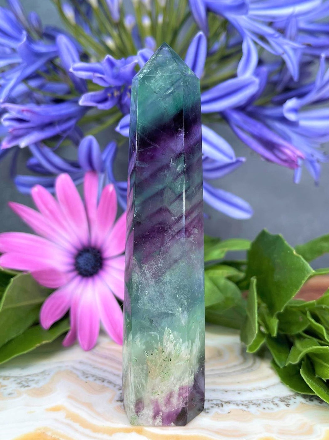 Colorful Snowflake Fluorite Crystal Tower Point