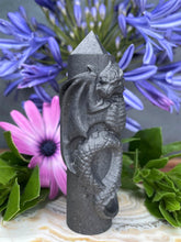 Load image into Gallery viewer, Shungite Crystal Tower Captivating Dragon Carving Point
