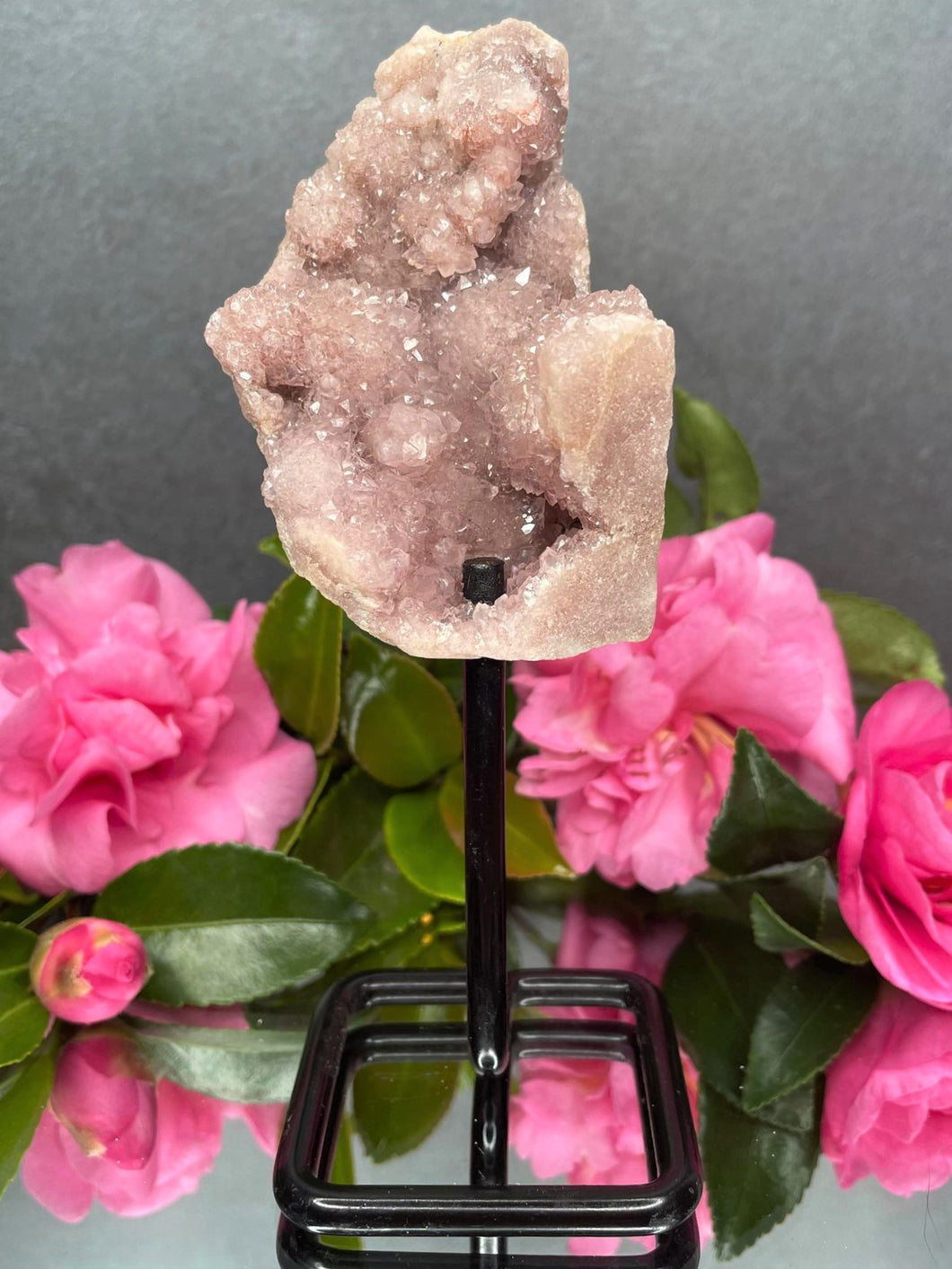 Pink Amethyst Crystal Geode With Druzy On Fixed Stand 24