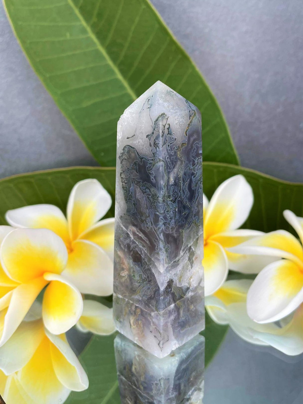 Moss Agate Obelisk Crystal Quartz Tower Point