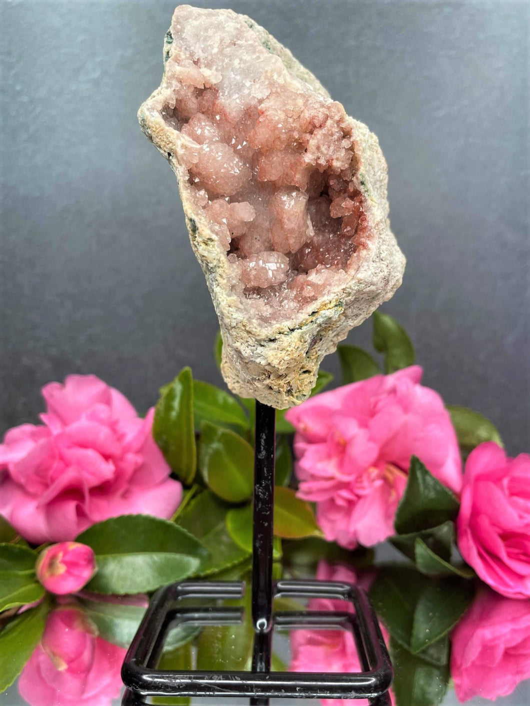 Pink Amethyst Crystal Geode With Druzy On Fixed Stand 37