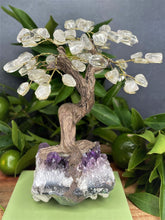 Load image into Gallery viewer, Tree of Life Amethyst Cluster Base &amp; Clear Quartz Tumble Leaves
