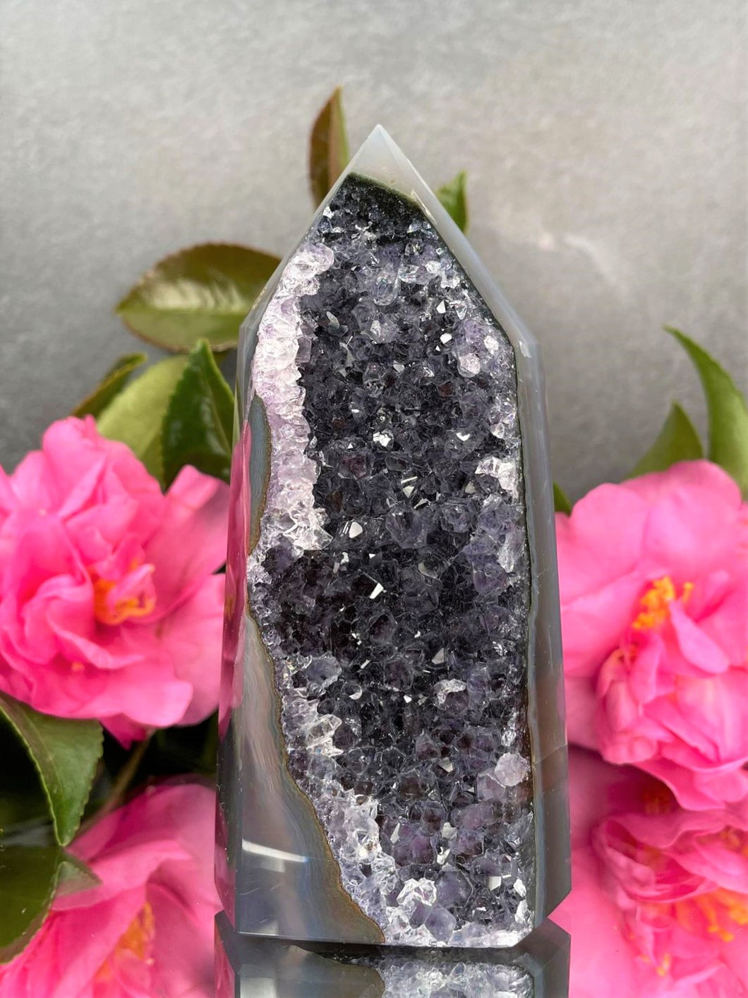 Beautiful Agate Crystal With Amethyst Druzy Cluster Tower Point