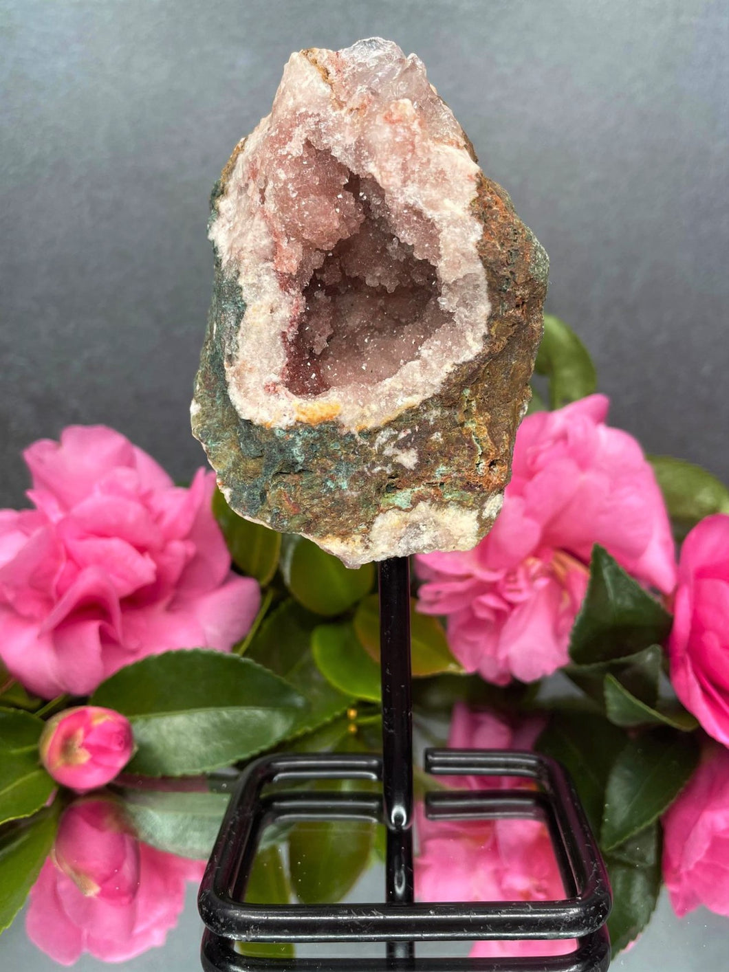 Pink Amethyst Crystal Geode With Druzy On Fixed Stand 27