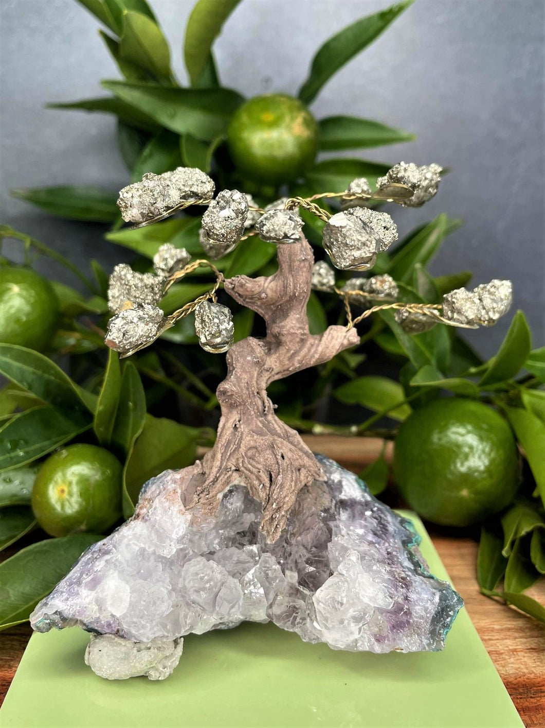 Tree of Life With Amethyst Cluster Base & Pyrite Stone Leaves