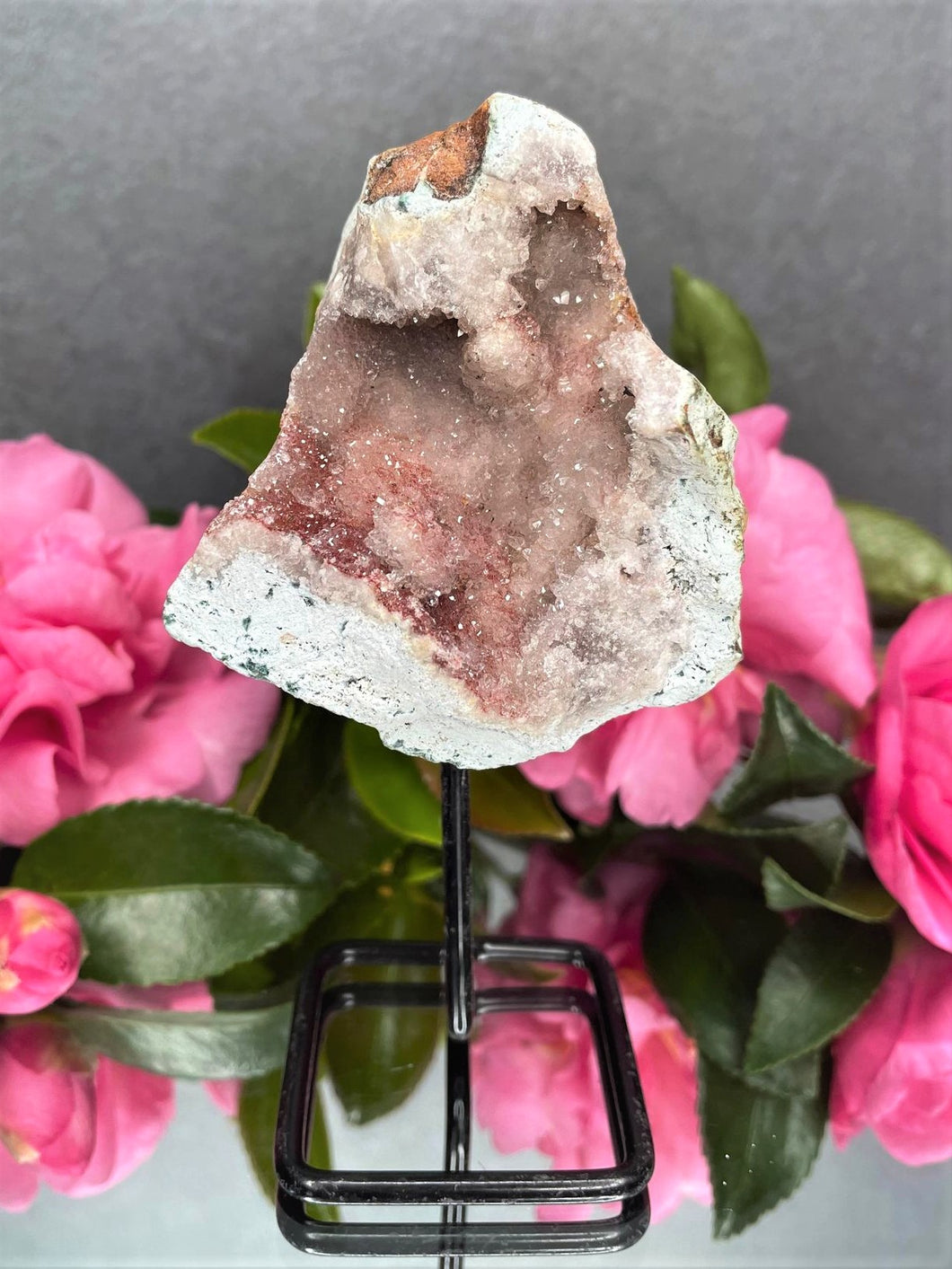 Pink Amethyst Crystal Geode With Druzy On Fixed Stand 01