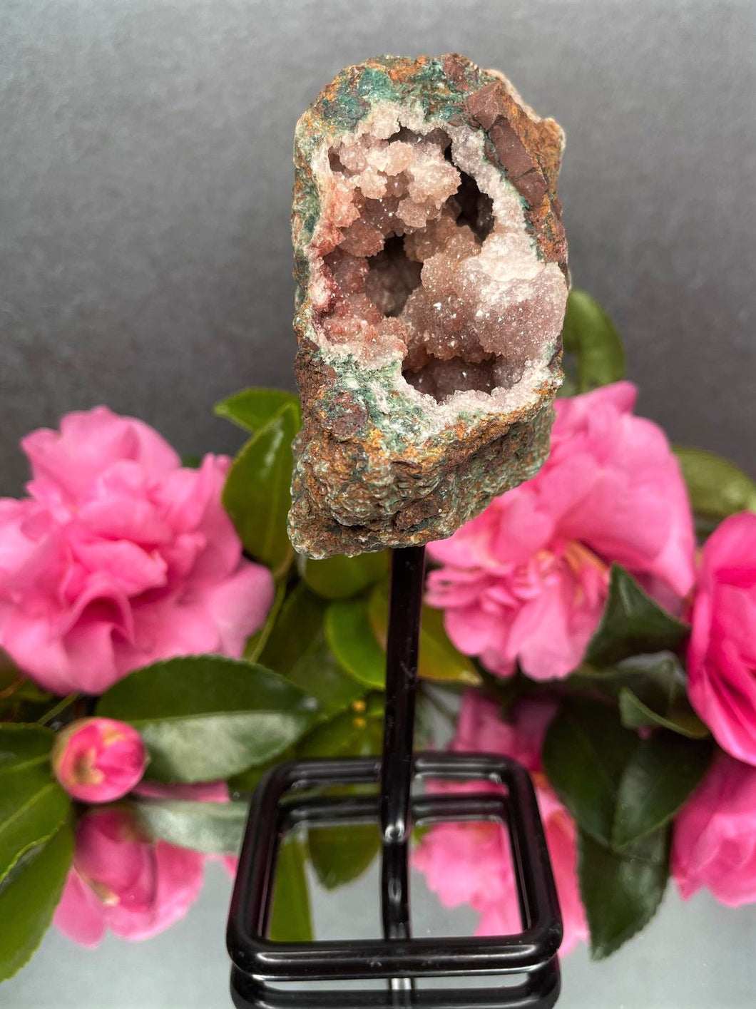 Pink Amethyst Crystal Geode With Druzy On Fixed Stand 23