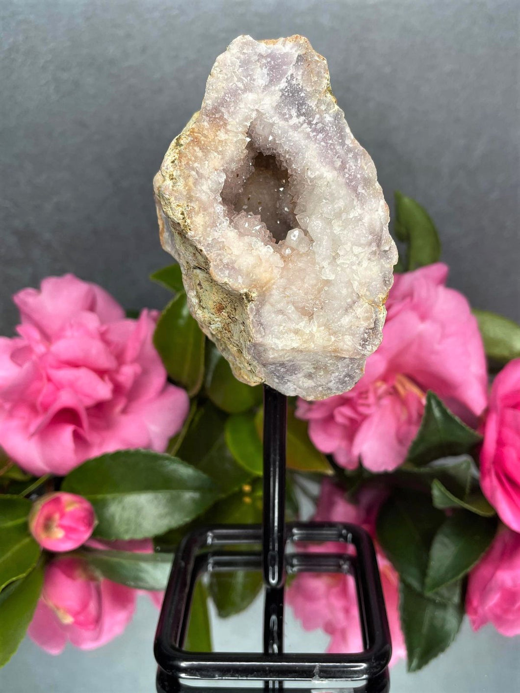 Pink Amethyst Crystal Geode With Druzy On Fixed Stand 22