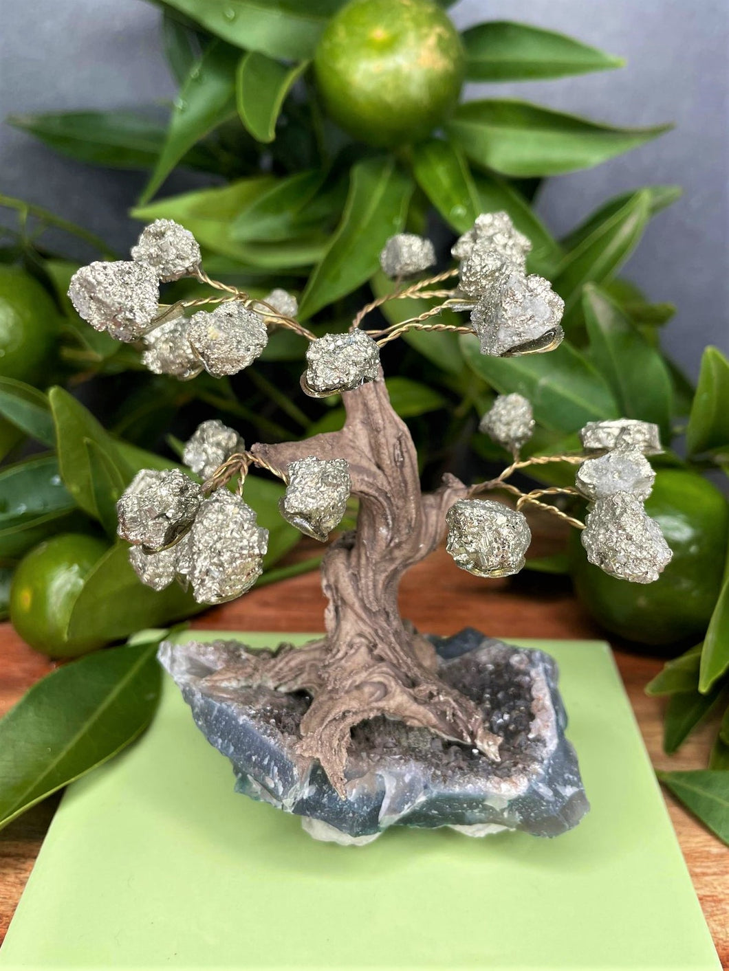 Calming Tree of Life Amethyst Cluster Base & Pyrite Stone Leaves