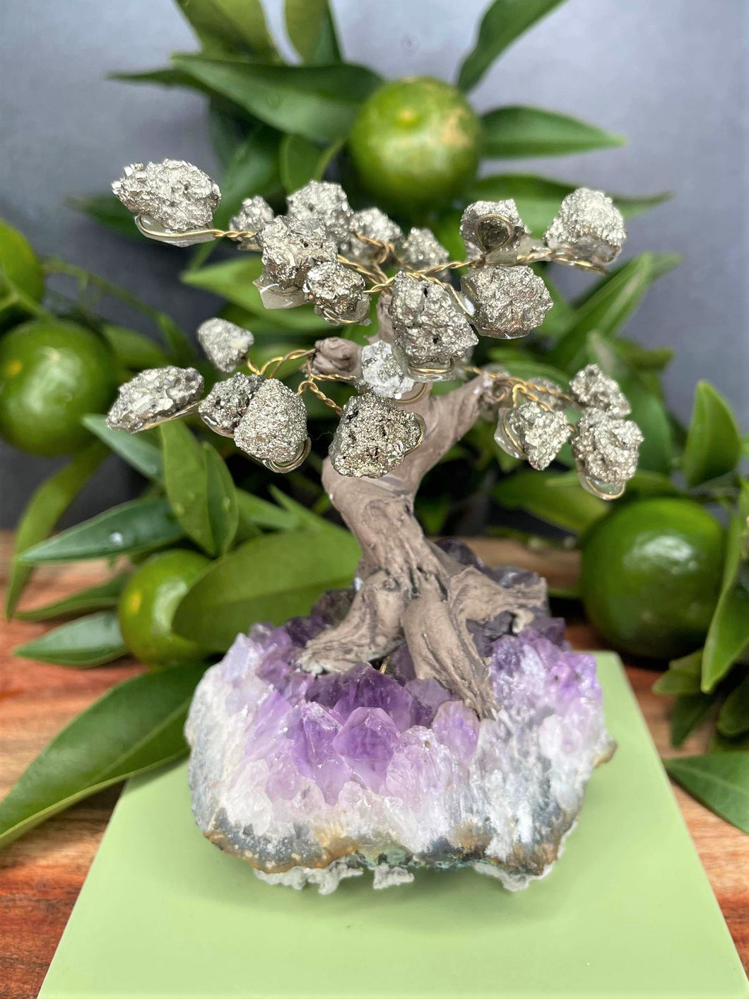 Beautiful Tree of Life Amethyst Cluster Base Pyrite Stone Leaves