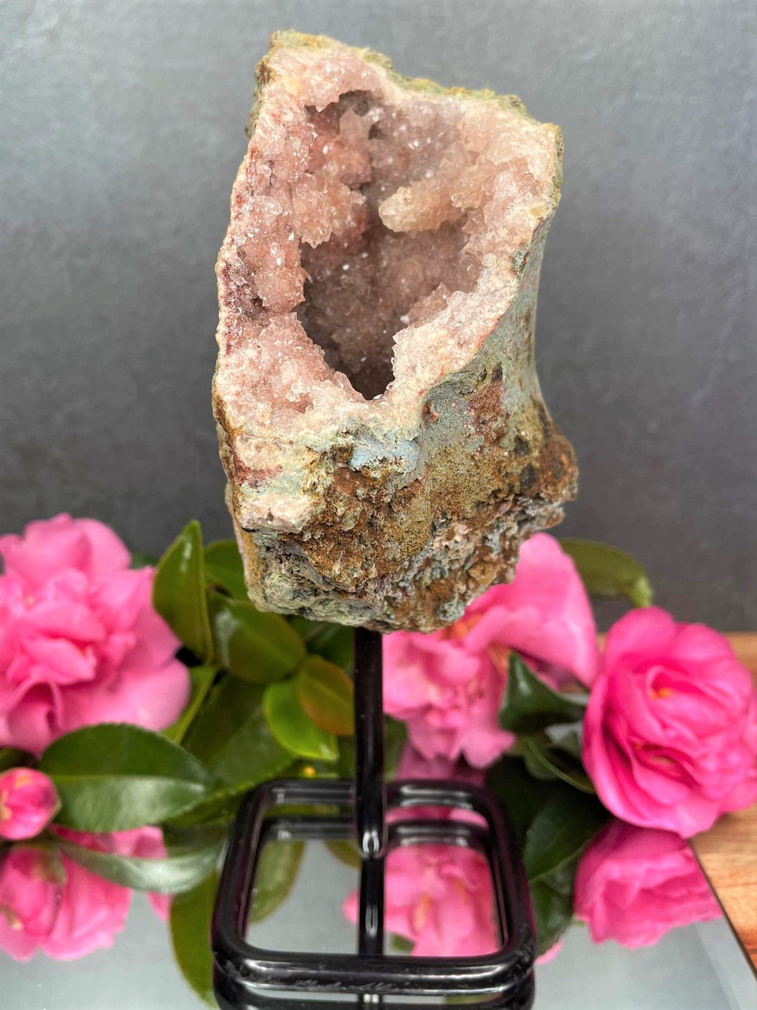Pink Amethyst Crystal Geode With Druzy On Fixed Stand 49