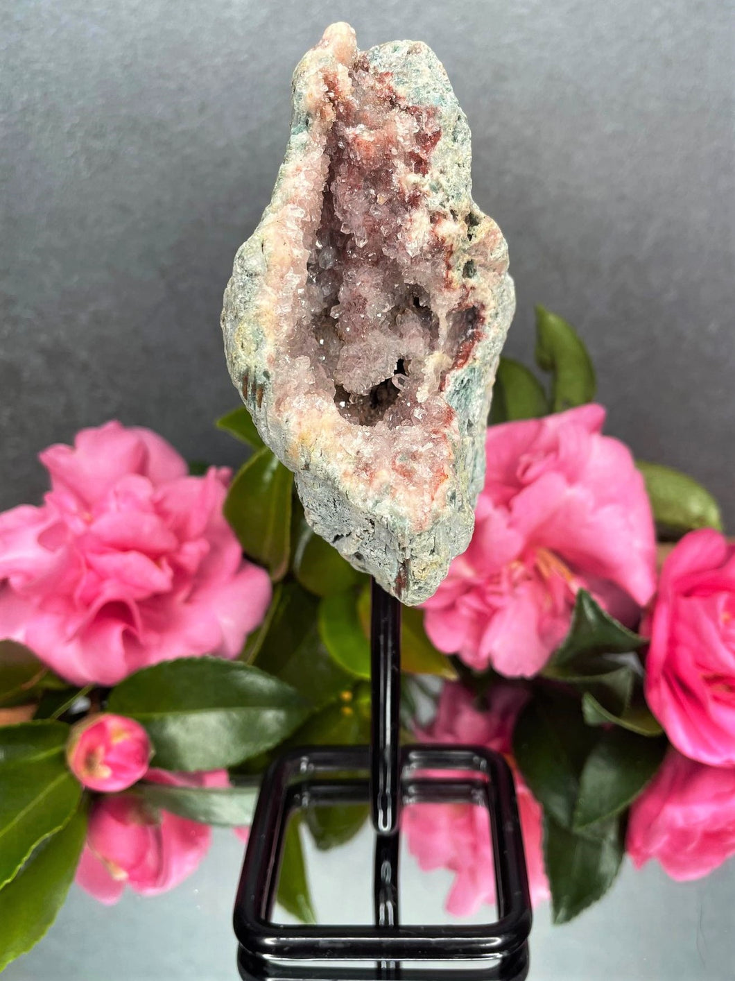 Pink Amethyst Crystal Geode With Druzy On Fixed Stand 13