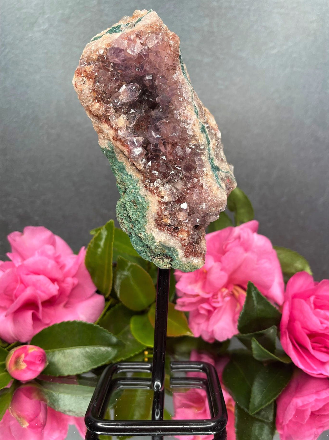 Pink Amethyst Crystal Geode With Druzy On Fixed Stand 31