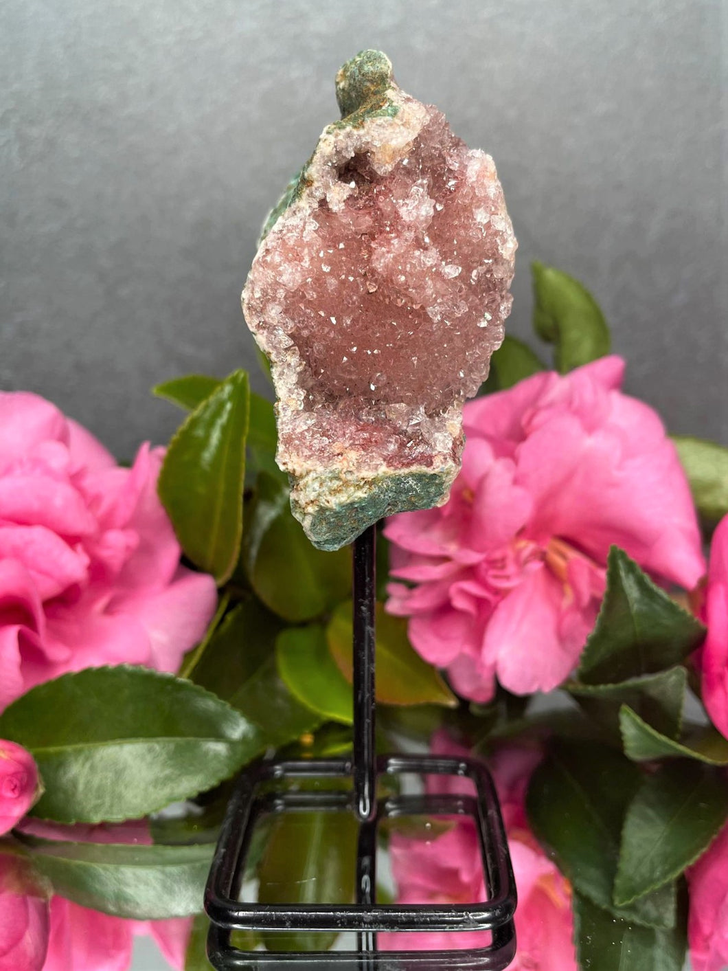 Pink Amethyst Crystal Geode With Druzy On Fixed Stand 08