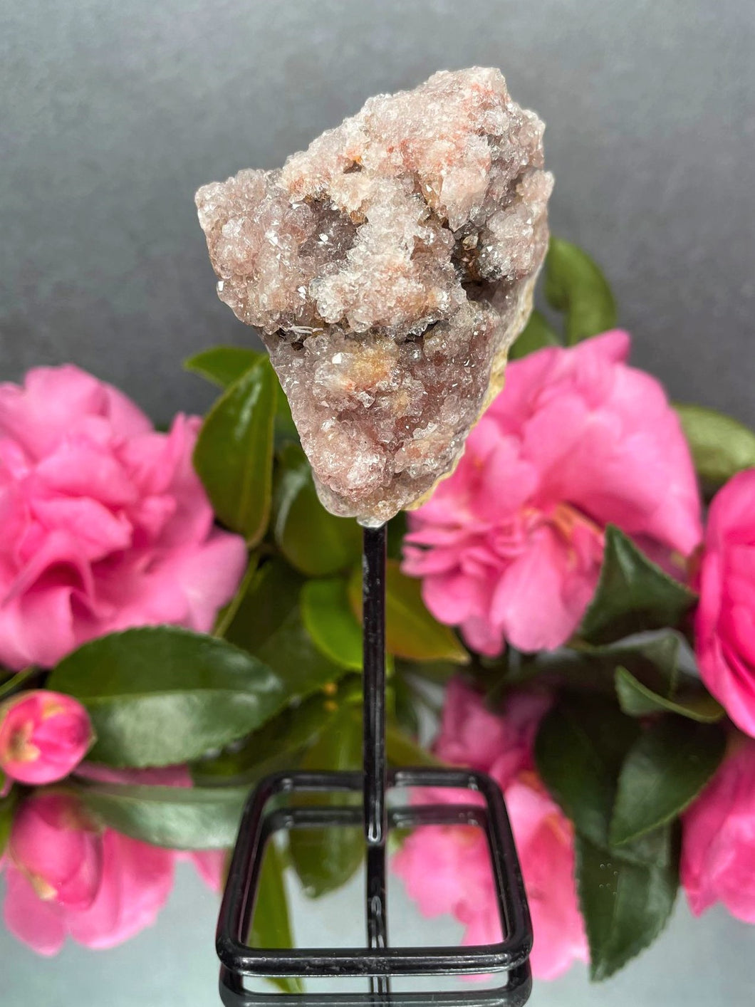 Pink Amethyst Crystal Geode With Druzy On Fixed Stand 06